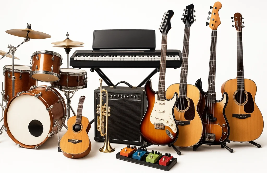 エレキギター、ベース、アンプ、エフェクター、ドラム、電子ピアノなど