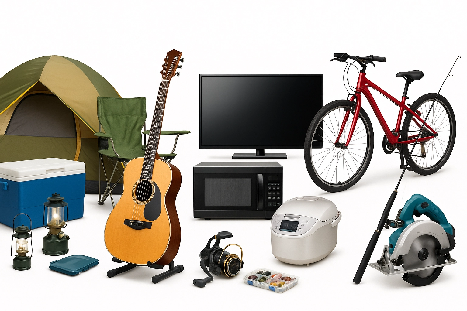 小物家電、釣具、電動工具、キャンプ用品、楽器、自転車、洋服、ホビーなど